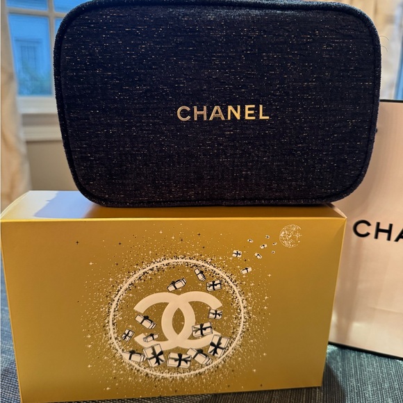 Chanel Blue & Gold Denim Makeup Bag with Chanel Shopping Bag and Chanel Samples - Picture 2 of 3